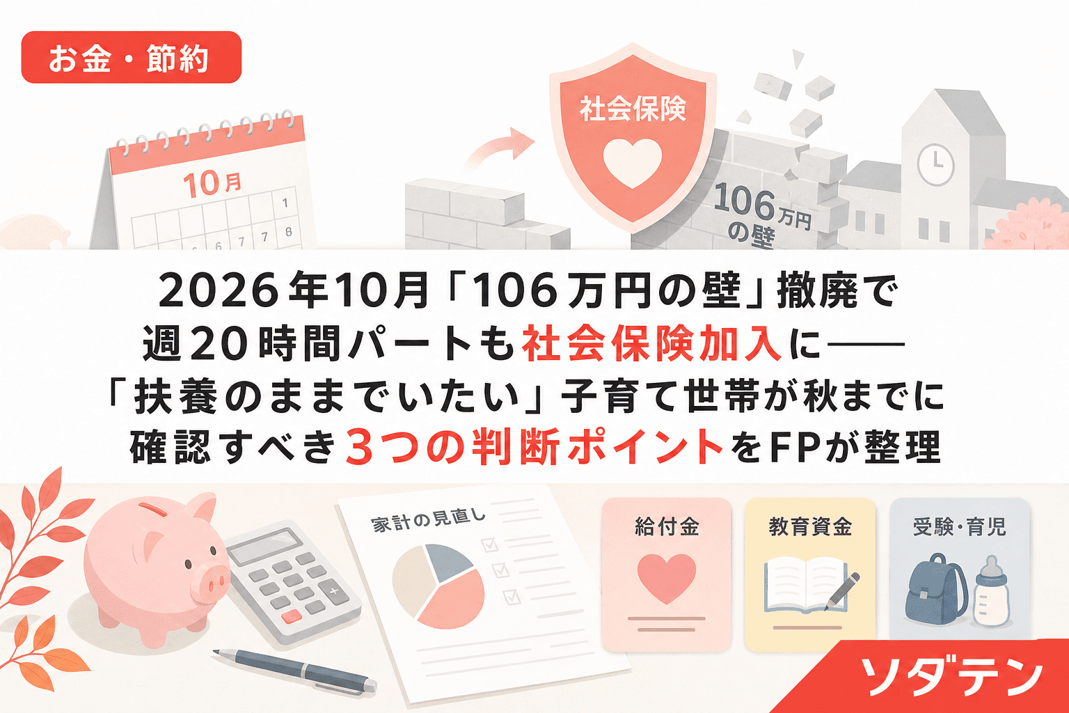 2026年10月「106万円の壁」撤廃で週20時間パートも社会保険加入に──「扶養のままでいたい」子育て世帯が秋までに確認すべき3つの判断ポイントをFPが整理