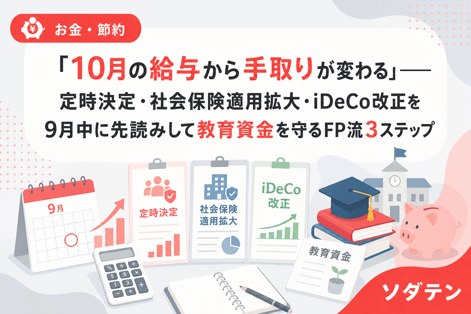 「10月の給与から手取りが変わる」──定時決定・社会保険適用拡大・iDeCo改正を9月中に先読みして教育資金を守るFP流3ステップ