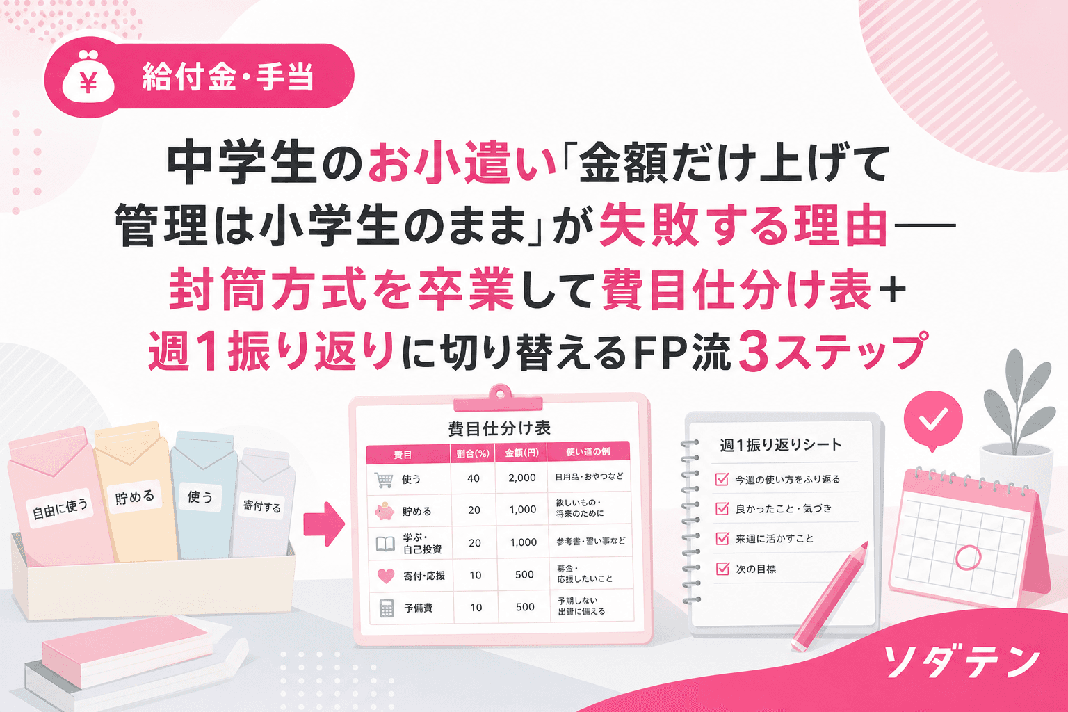 中学生のお小遣い「金額だけ上げて管理は小学生のまま」が失敗する理由──封筒方式を卒業して費目仕分け表+週1振り返りに切り替えるFP流3ステップ