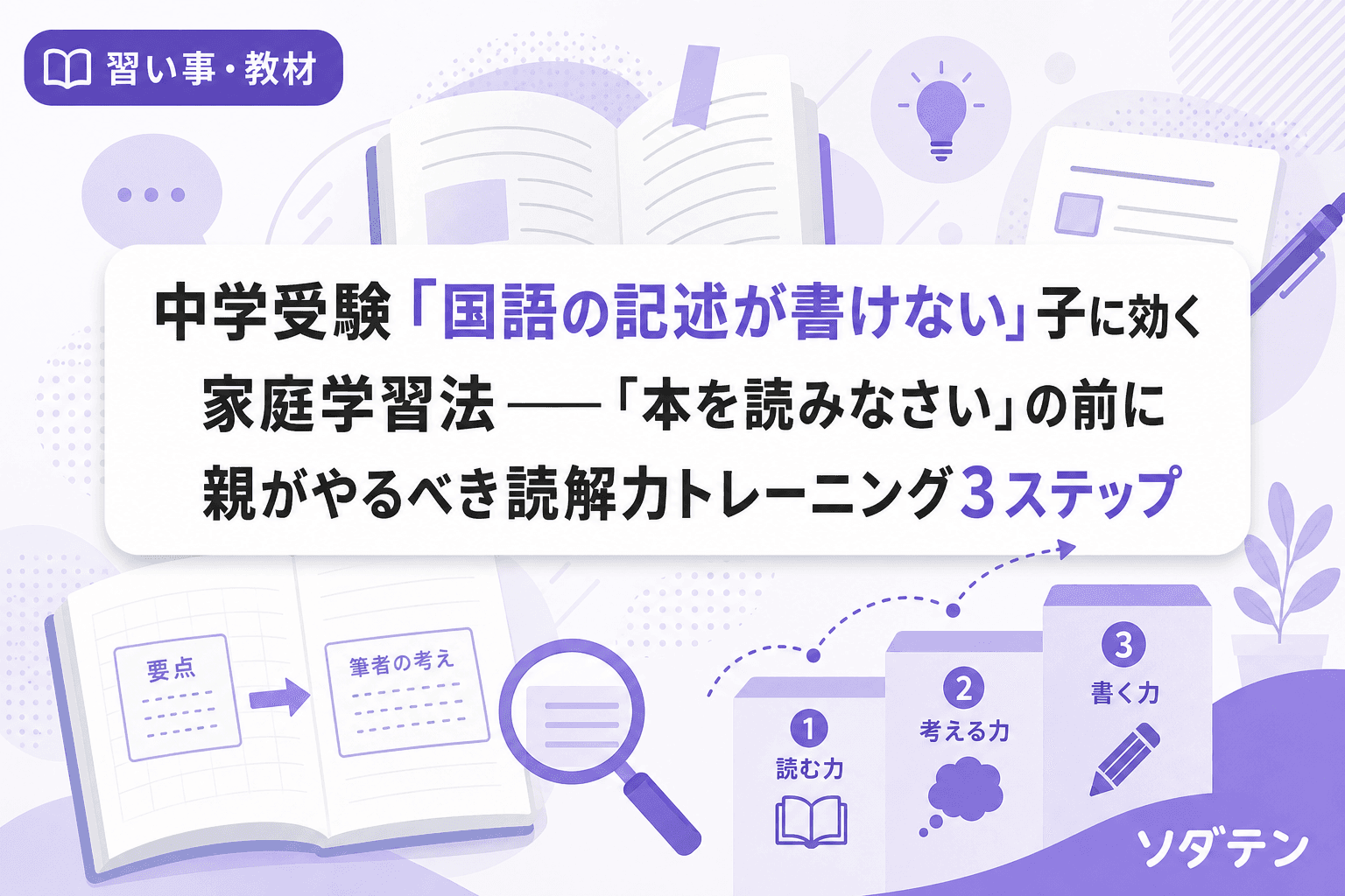中学受験「国語の記述が書けない」子に効く家庭学習法──「本を読みなさい」の前に親がやるべき読解力トレーニング3ステップ