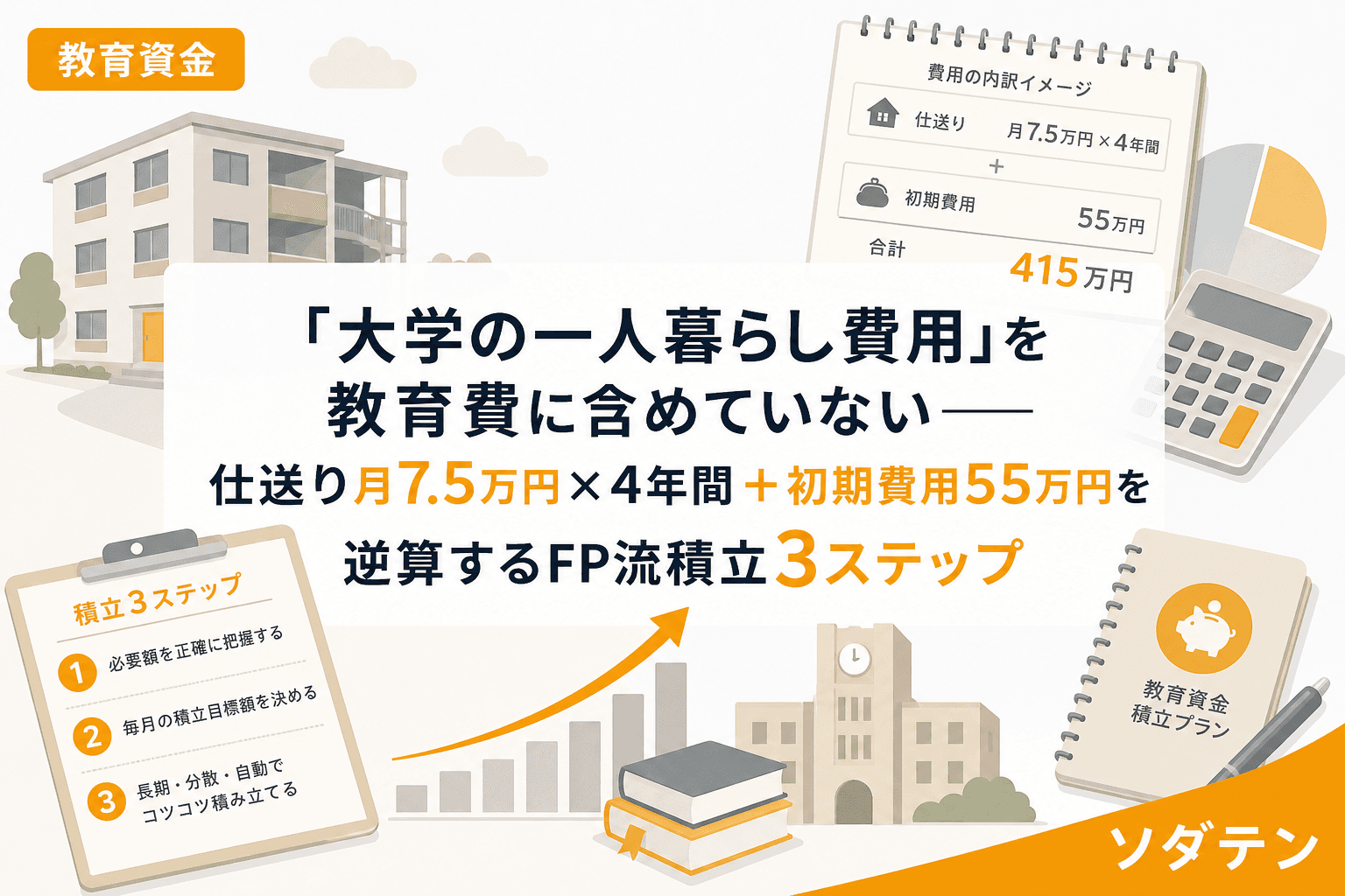 「大学の一人暮らし費用」を教育費に含めていない──仕送り月7.5万円×4年間+初期費用55万円を逆算するFP流積立3ステップ