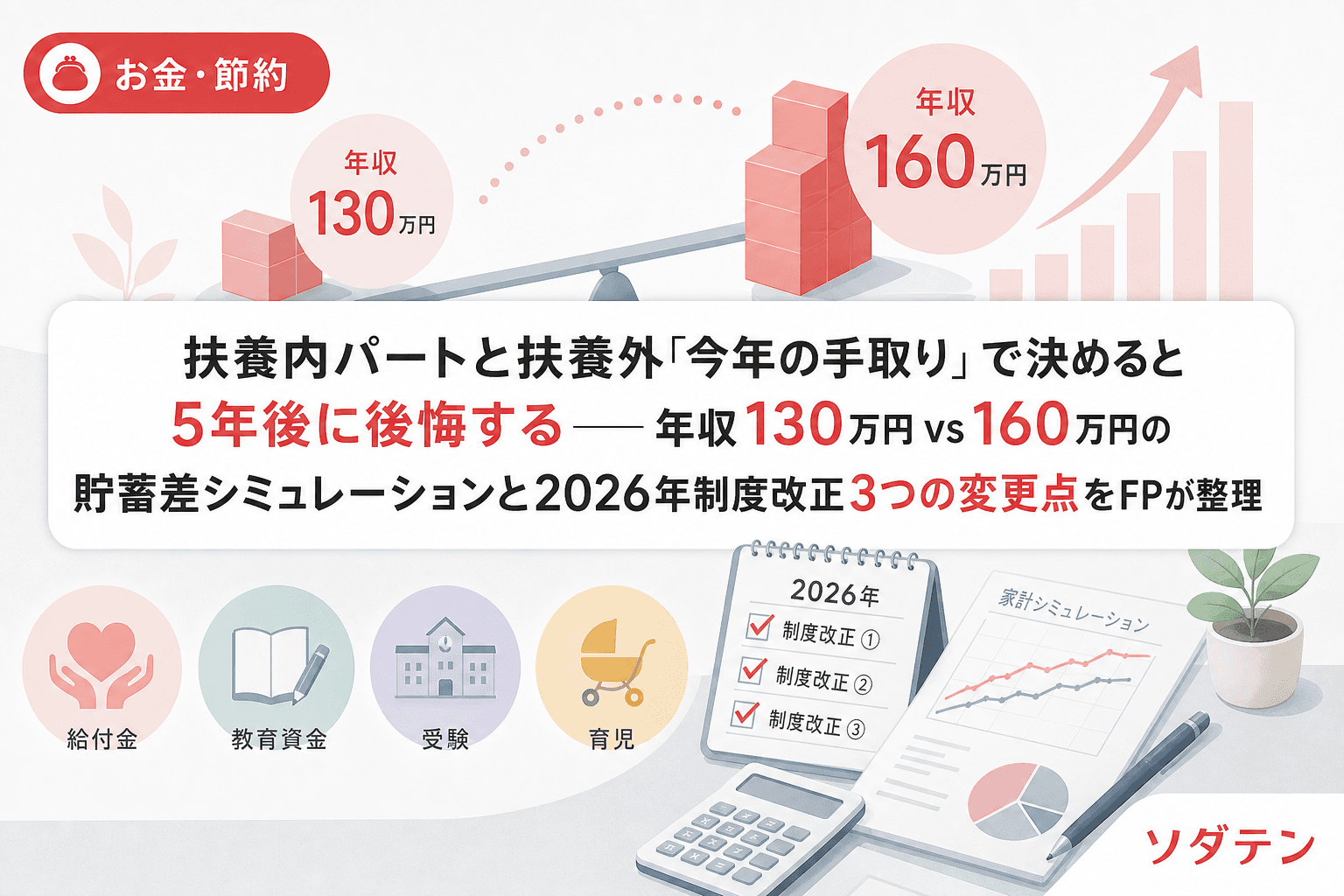 扶養内パートと扶養外「今年の手取り」で決めると5年後に後悔する──年収130万円 vs 160万円の貯蓄差シミュレーションと2026年制度改正3つの変更点をFPが整理
