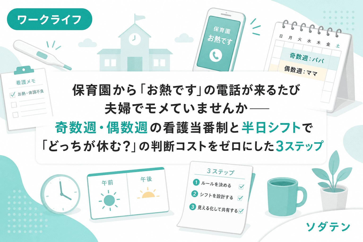 保育園から「お熱です」の電話が来るたび夫婦でモメていませんか──奇数週・偶数週の看護当番制と半日シフトで「どっちが休む?」の判断コストをゼロにした3ステップ