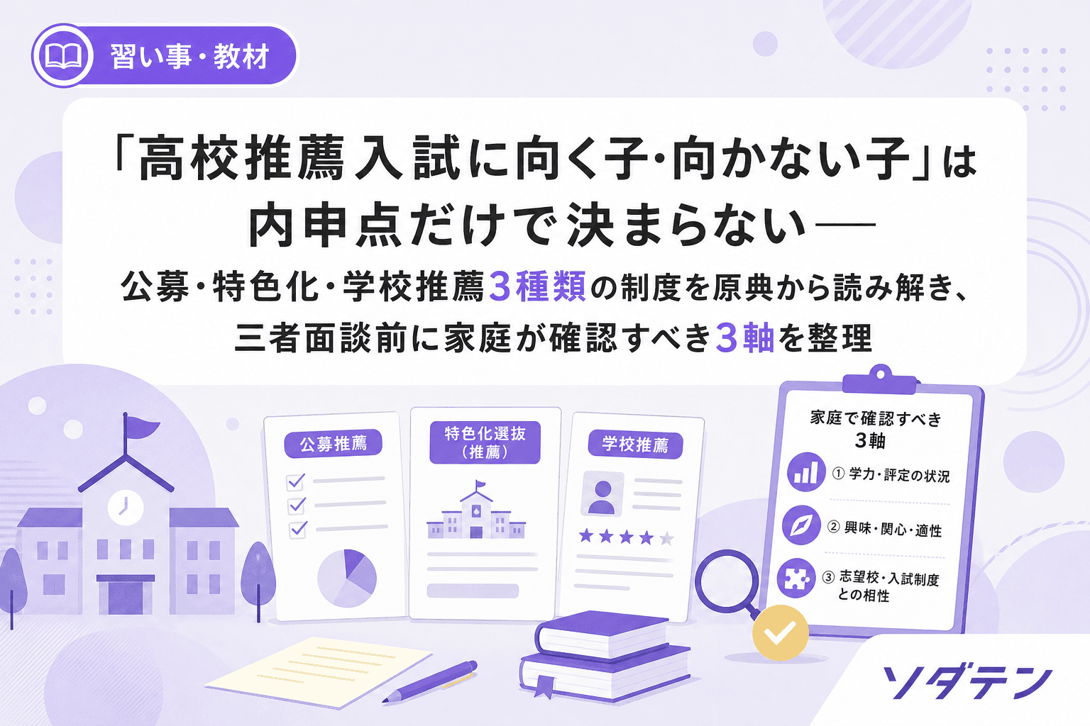 「高校推薦入試に向く子・向かない子」は内申点だけで決まらない──公募・特色化・学校推薦3種類の制度を原典から読み解き、三者面談前に家庭が確認すべき3軸を整理