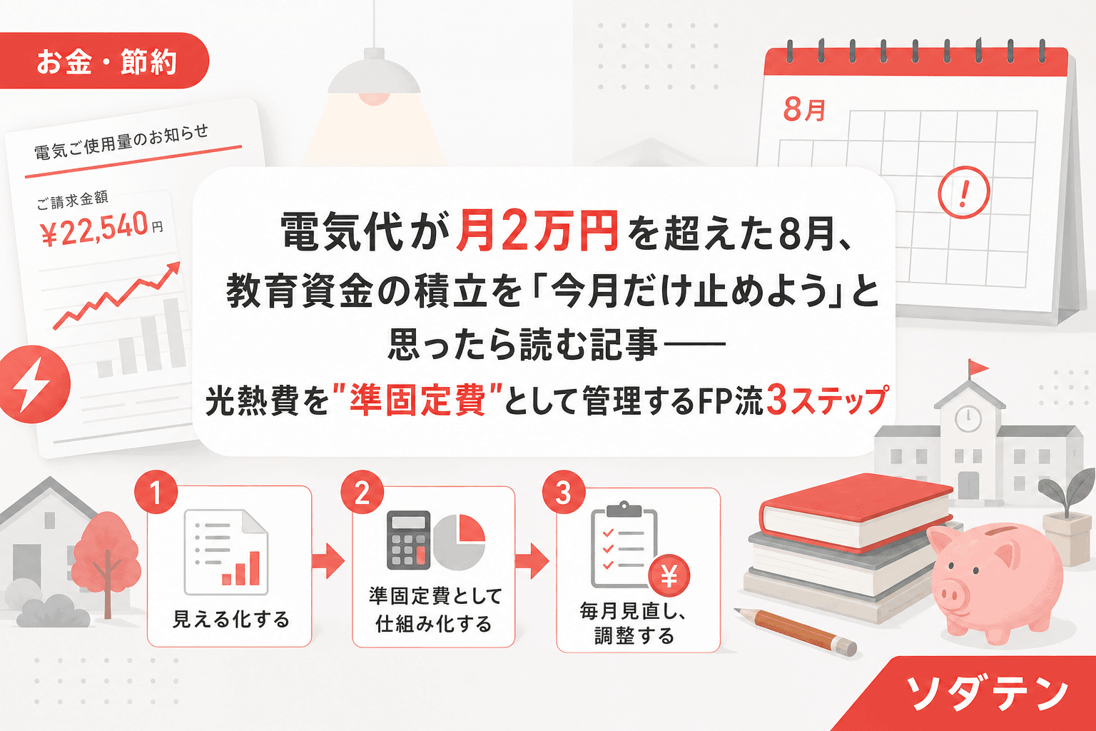 電気代が月2万円を超えた8月、教育資金の積立を「今月だけ止めよう」と思ったら読む記事──光熱費を"準固定費"として管理するFP流3ステップ