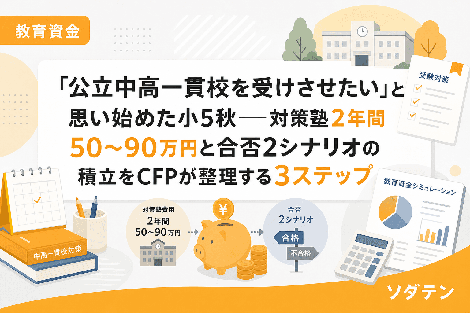「公立中高一貫校を受けさせたい」と思い始めた小5秋──対策塾2年間50〜90万円と合否2シナリオの積立をCFPが整理する3ステップ
