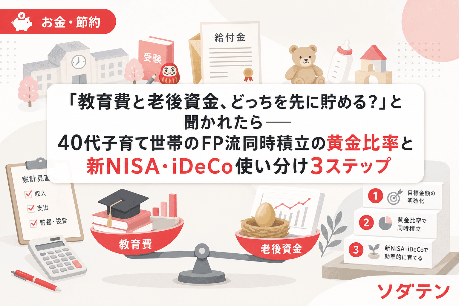 「教育費と老後資金、どっちを先に貯める?」と聞かれたら──40代子育て世帯のFP流同時積立の黄金比率と新NISA・iDeCo使い分け3ステップ