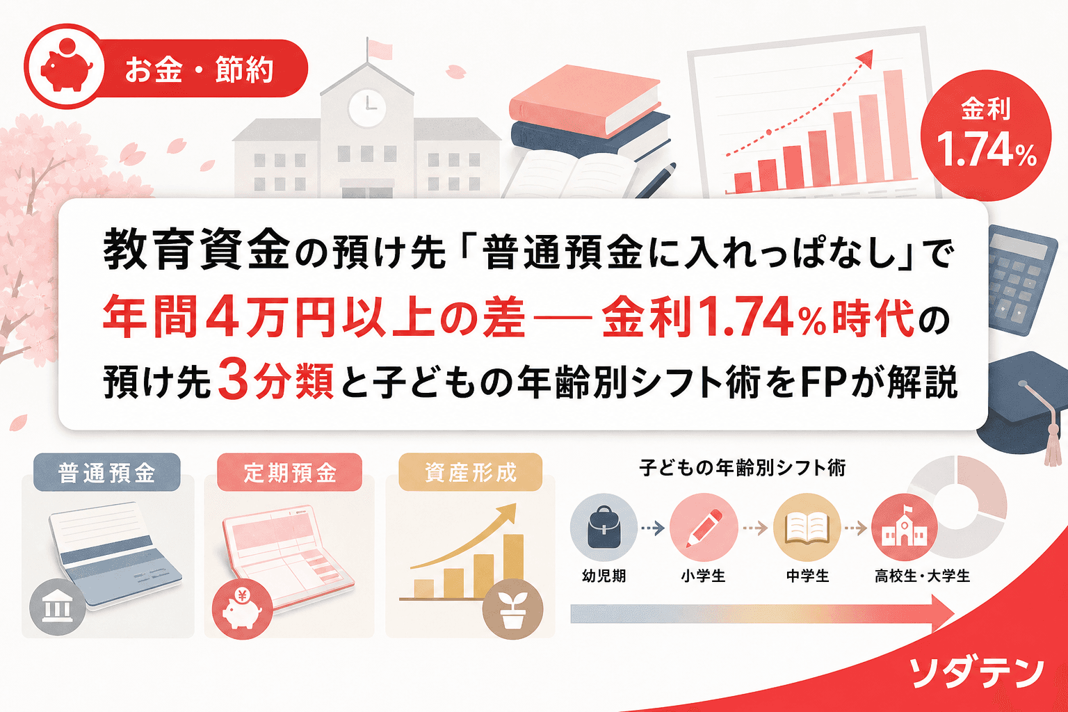 教育資金の預け先「普通預金に入れっぱなし」で年間4万円以上の差──金利1.74%時代の預け先3分類と子どもの年齢別シフト術をFPが解説