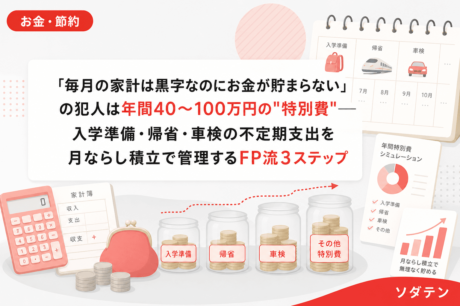 「毎月の家計は黒字なのにお金が貯まらない」の犯人は年間40〜100万円の"特別費"──入学準備・帰省・車検の不定期支出を月ならし積立で管理するFP流3ステップ