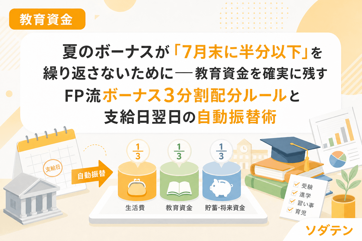 夏のボーナスが「7月末に半分以下」を繰り返さないために──教育資金を確実に残すFP流ボーナス3分割配分ルールと支給日翌日の自動振替術
