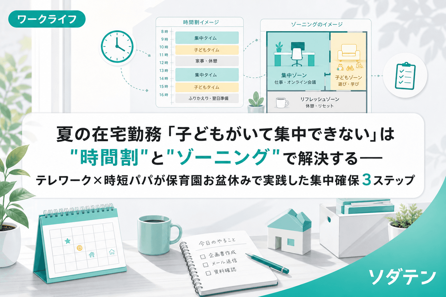 夏の在宅勤務「子どもがいて集中できない」は"時間割"と"ゾーニング"で解決する──テレワーク×時短パパが保育園お盆休みで実践した集中確保3ステップ