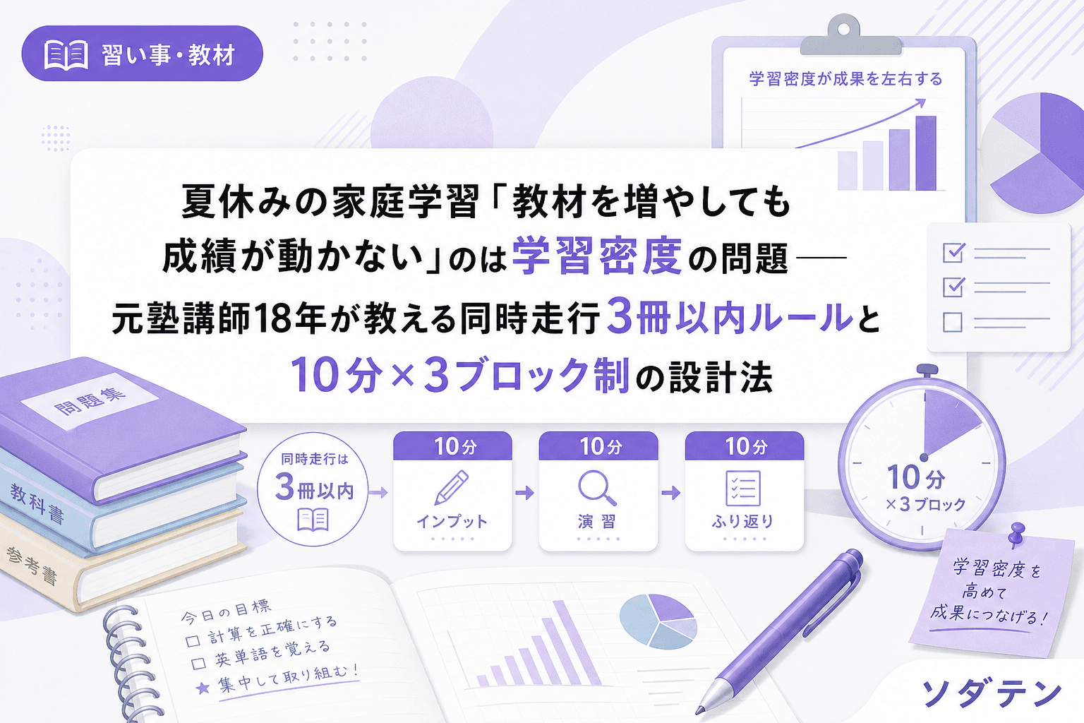 夏休みの家庭学習「教材を増やしても成績が動かない」のは学習密度の問題──元塾講師18年が教える同時走行3冊以内ルールと10分×3ブロック制の設計法