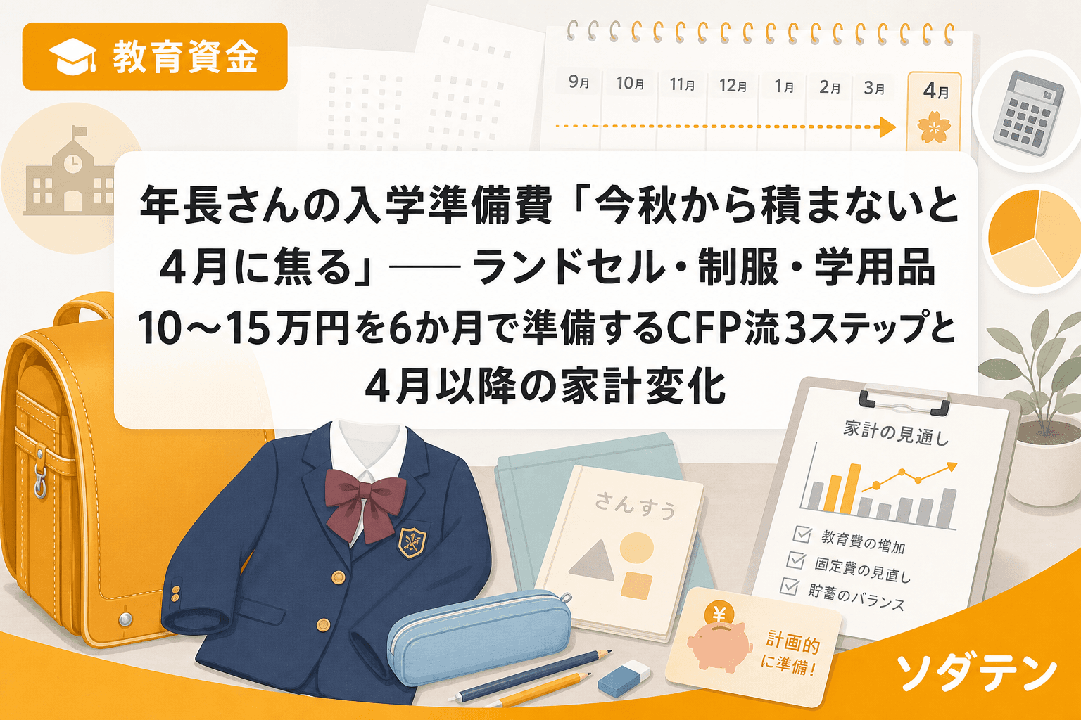 年長さんの入学準備費「今秋から積まないと4月に焦る」──ランドセル・制服・学用品10〜15万円を6か月で準備するCFP流3ステップと4月以降の家計変化