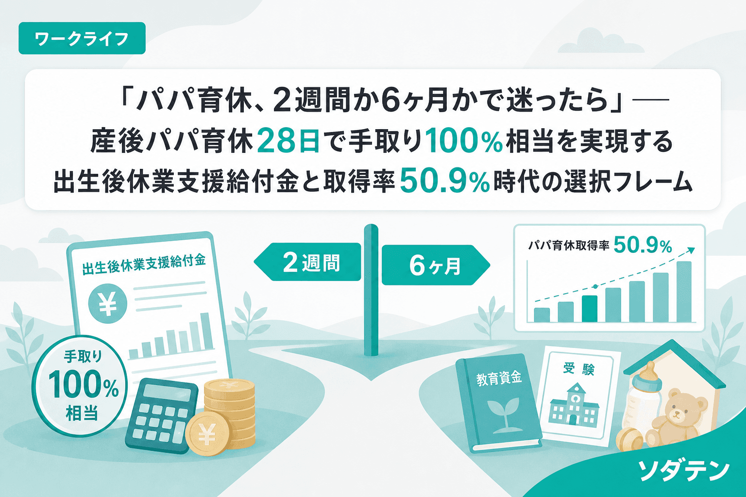「パパ育休、2週間か6ヶ月かで迷ったら」──産後パパ育休28日で手取り100%相当を実現する出生後休業支援給付金と取得率50.9%時代の選択フレーム
