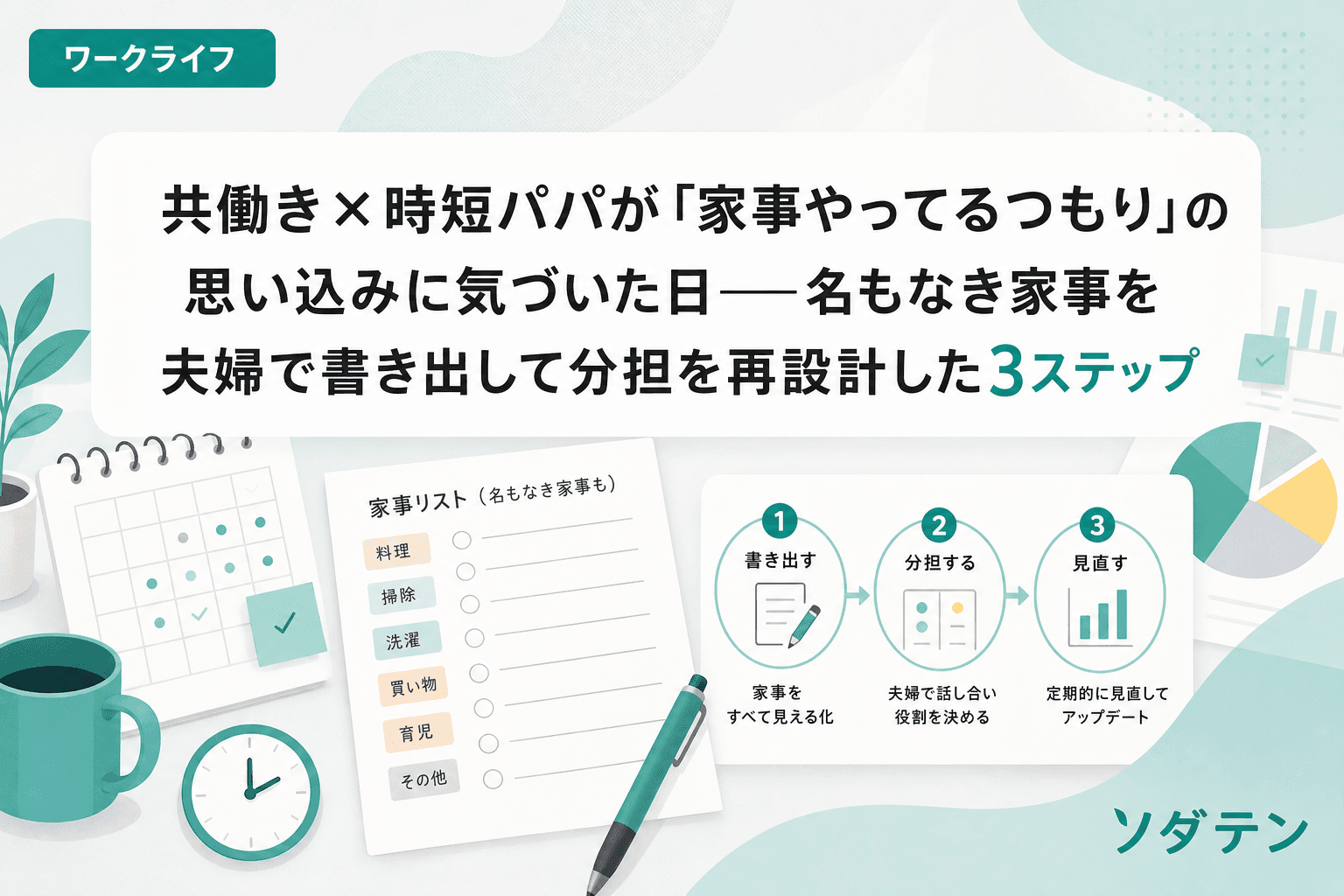 共働き×時短パパが「家事やってるつもり」の思い込みに気づいた日──名もなき家事を夫婦で書き出して分担を再設計した3ステップ