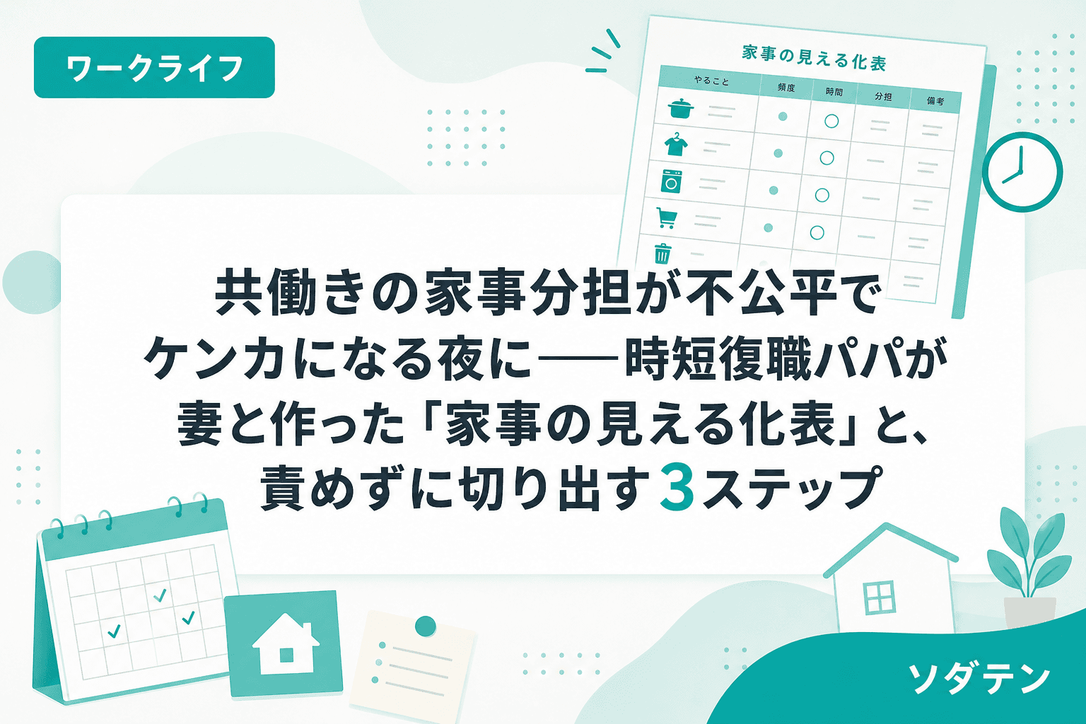 共働きの家事分担が不公平でケンカになる夜に──時短復職パパが妻と作った「家事の見える化表」と、責めずに切り出す3ステップ