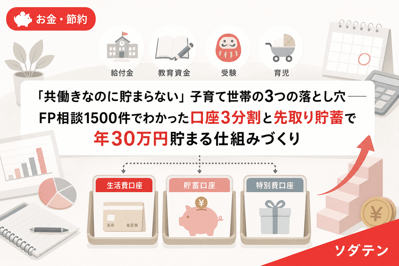「共働きなのに貯まらない」子育て世帯の3つの落とし穴──FP相談1500件でわかった口座3分割と先取り貯蓄で年30万円貯まる仕組みづくり